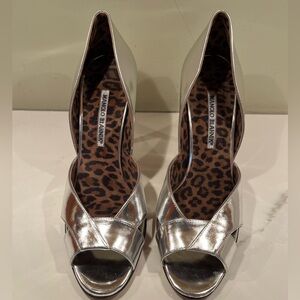 Manolo Blahnik Metallic Silver Open-Toe Pumps with Leopard Insole